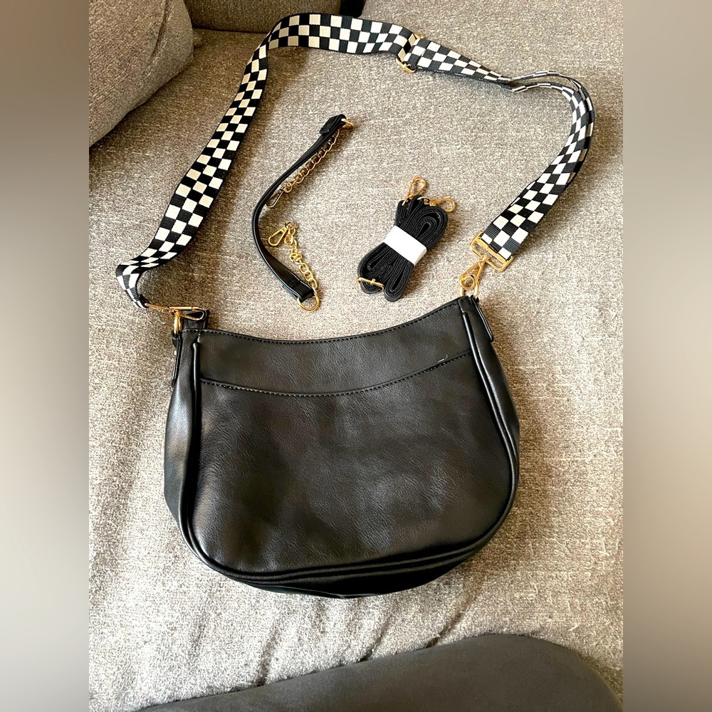 Modern + Chic Black Marissa Saddle Crossbody with Checkered Strap